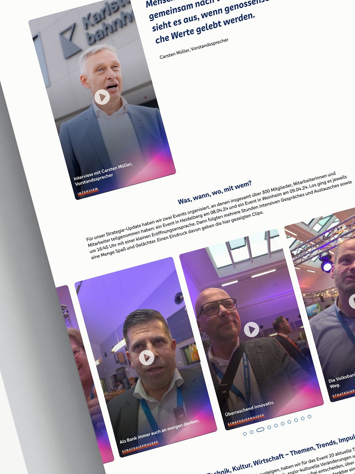 Für die Volksbank Kurpfalz hatten wir die Auftrag, die künftigen Geschäftsberichte in ein dynamisches, interaktives Format zu verwandeln, das auch künftig Infos, spannende Artikel und faszinierende Einblicke in die Welt der Volksbank Kurpfalz bietet.