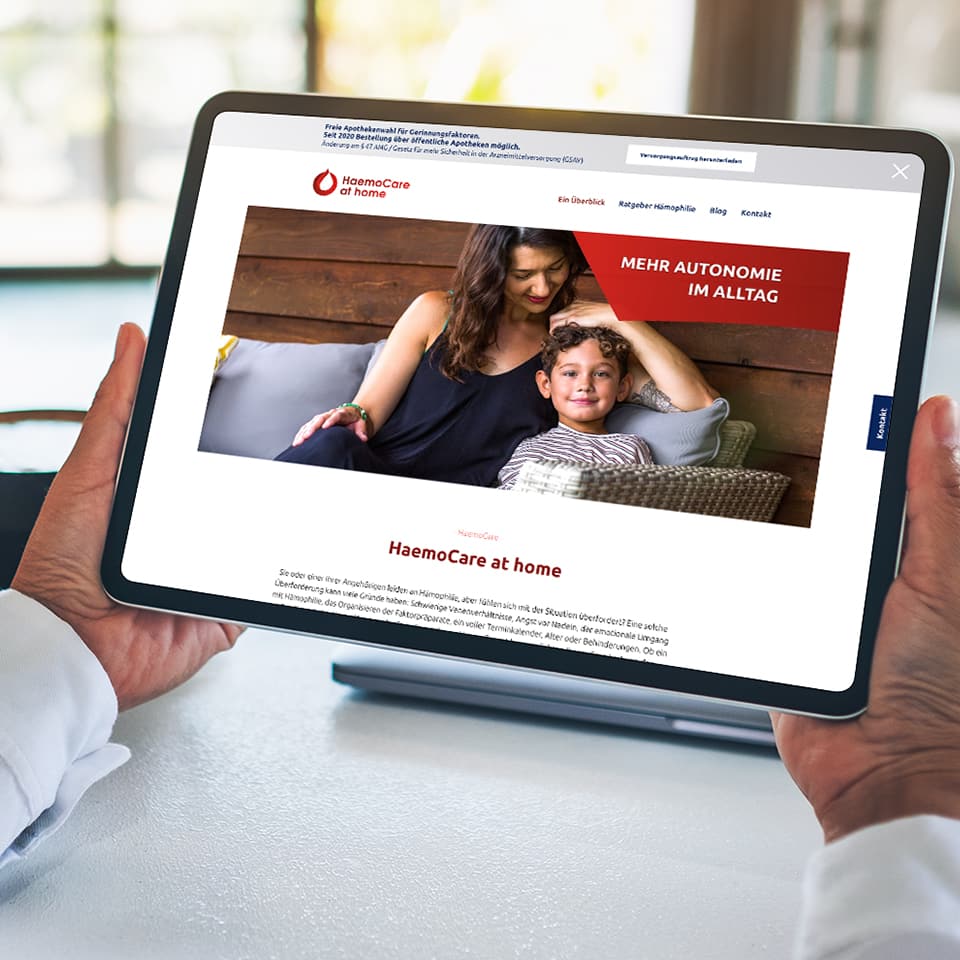 Website und CI für Haemocare at Home, dem Serviceprogramm für Hämophilie-Patienten